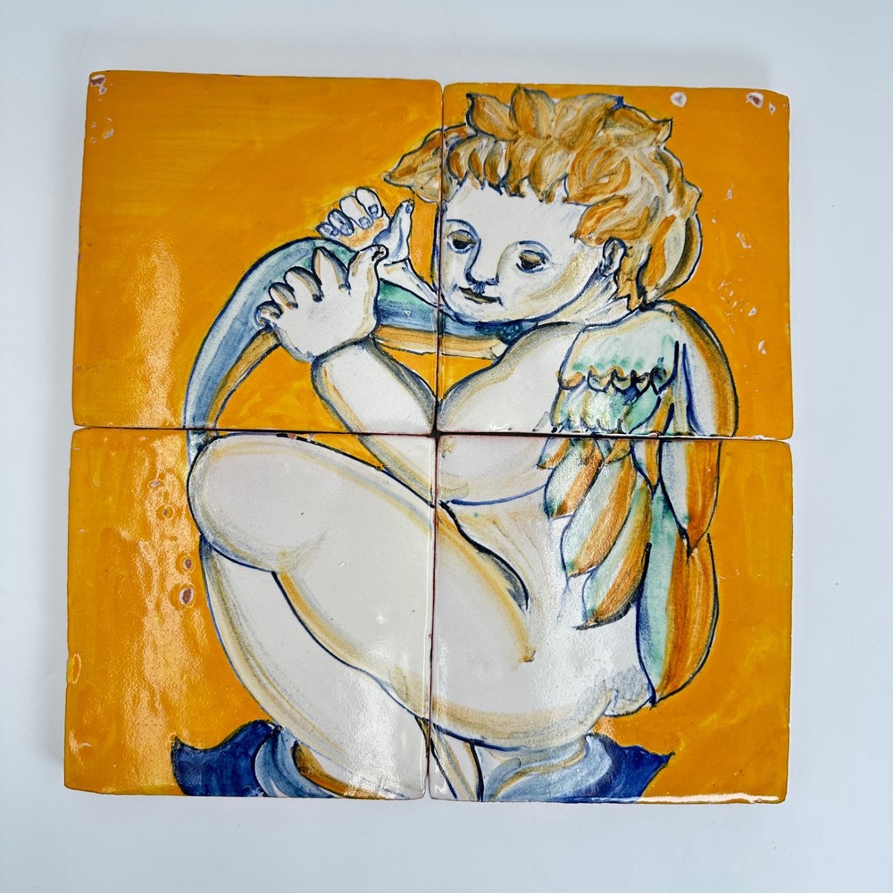 Vtg Portuguese Azulejo Cherub Tile Panel FAR Palmira Hand Painted 4 Tile Art